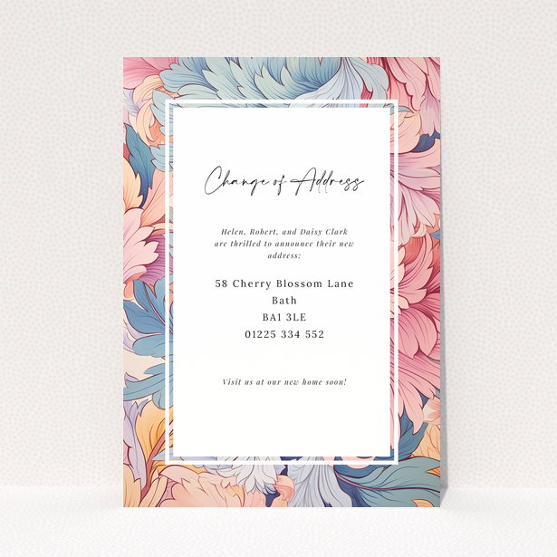 Floral change of address card with no photos featuring elegant calligraphy and colourful background.