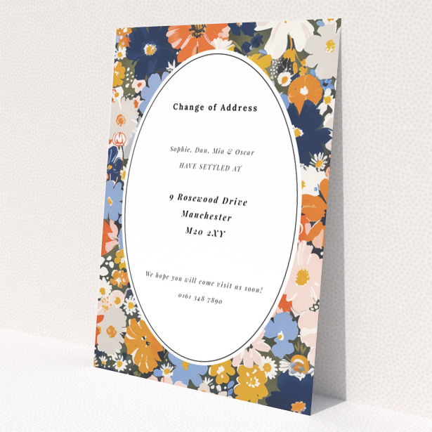 Floral change of address card with colourful flowers and white oval text area, no photos present