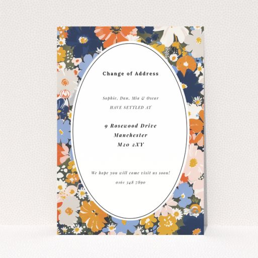 Floral change of address card with colourful flowers and white oval text area, no photos present