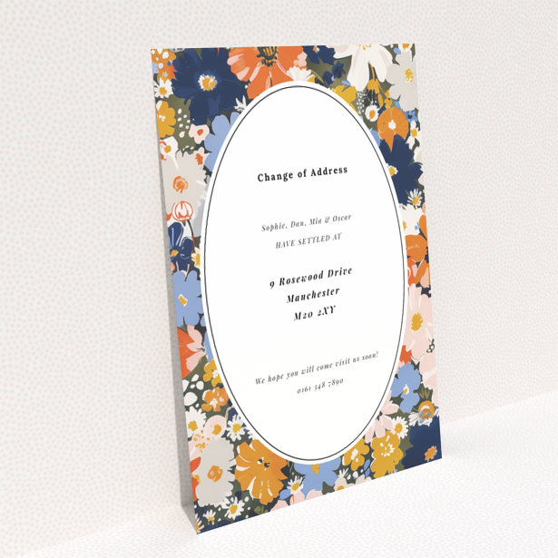 Floral change of address card with colourful flowers and white oval text area, no photos present