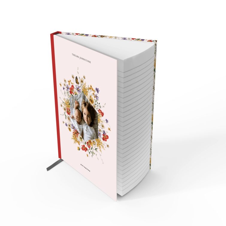 Floral design personalised notebook cover with one photo for custom printing.