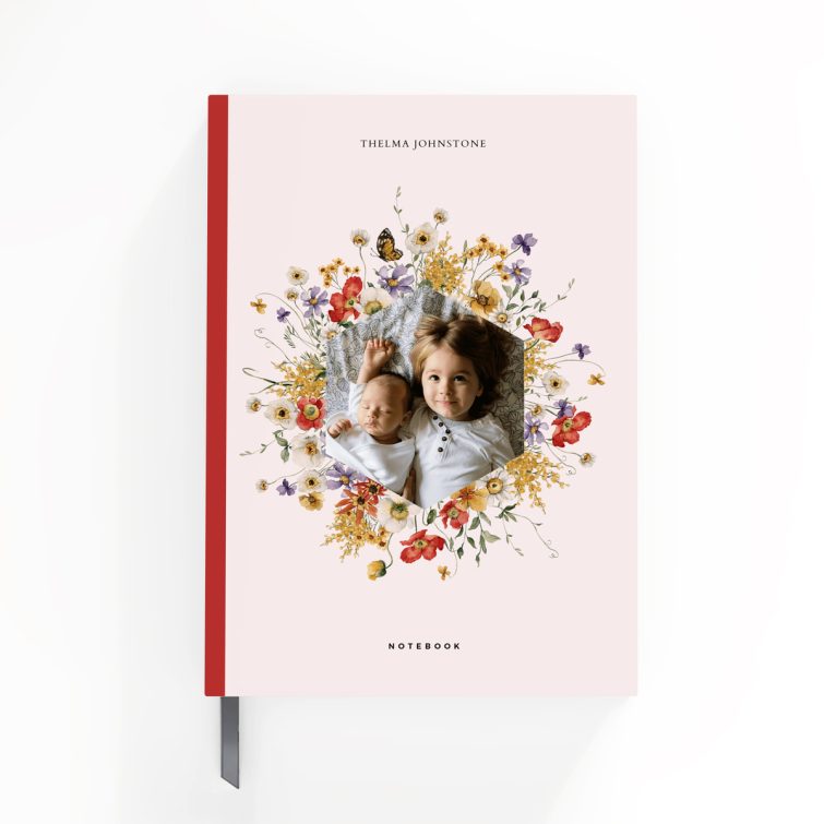 Floral design personalised notebook cover with one photo for custom printing.