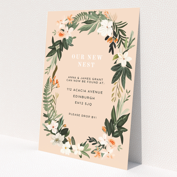 Floral change of address card with a wreath design and no photos