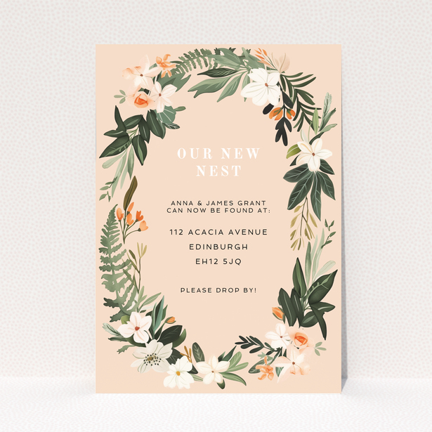 Floral change of address card with a wreath design and no photos