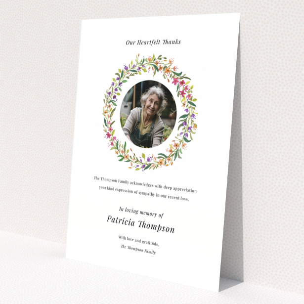 Floral wreath funeral thank you card with one photo for expressing gratitude.