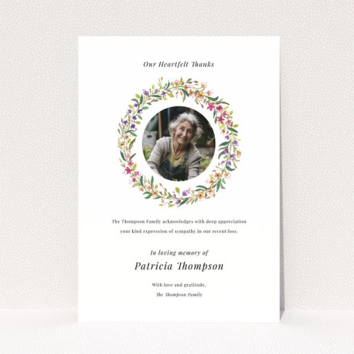 Floral wreath funeral thank you card with one photo for expressing gratitude.