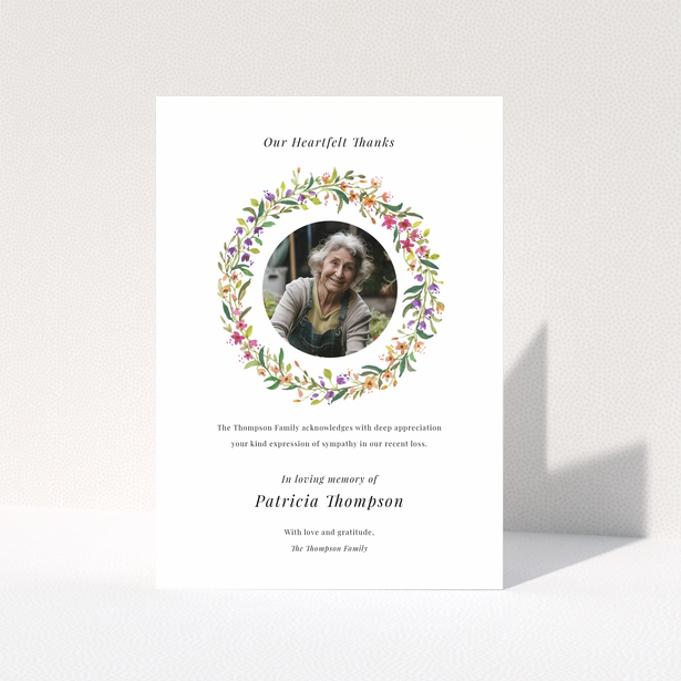 Floral wreath funeral thank you card with one photo for expressing gratitude.