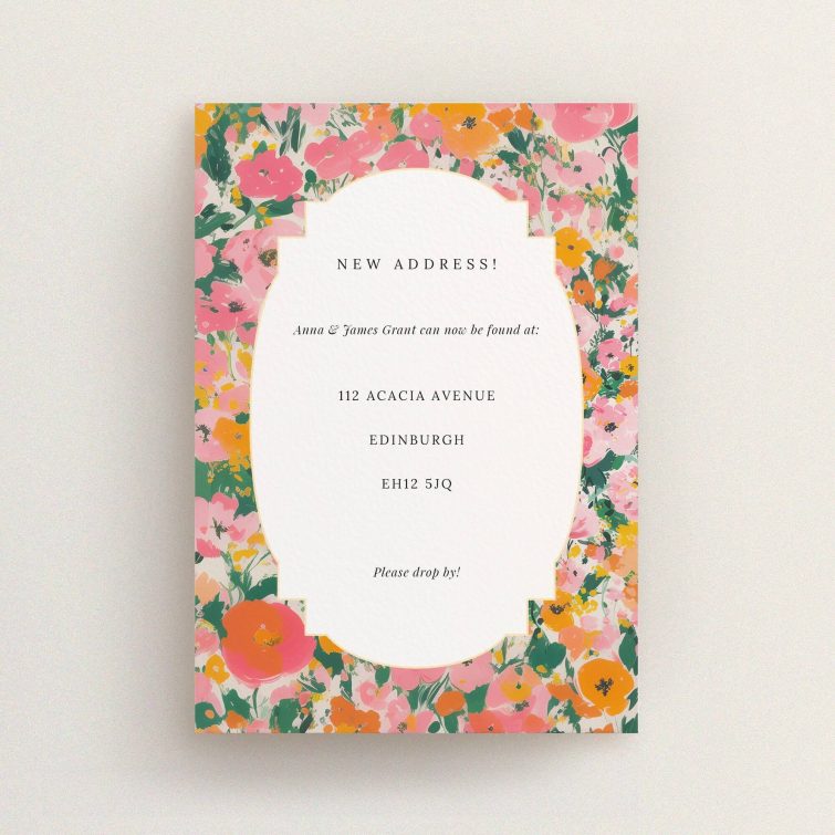 Floral change of address card with vibrant colours and one photo.