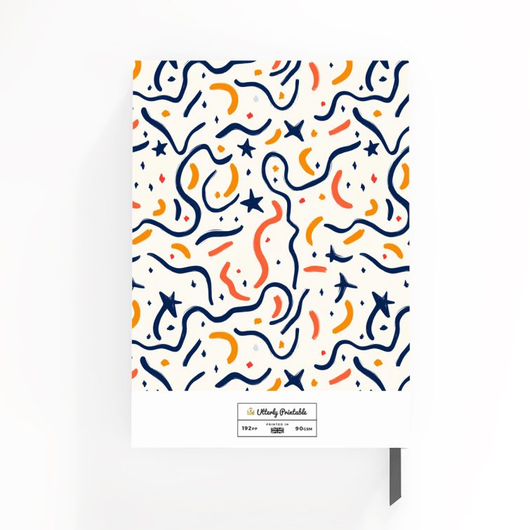 Colourful abstract design notebook cover with dynamic patterns and no photos, full cover spread.