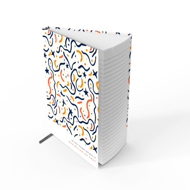 Colourful abstract design notebook cover with dynamic patterns and no photos, full cover spread.