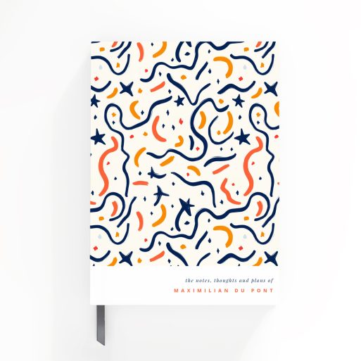 Colourful abstract design notebook cover with dynamic patterns and no photos, full cover spread.