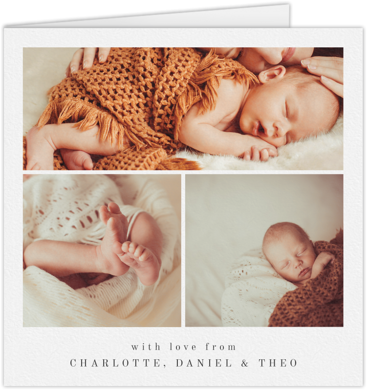 A baby thank you card named "3 Frames". It's a thank you card design in a square format, sized at 148X148mm. The folded thank you card shown has tones of white, and has room for 3 photos.