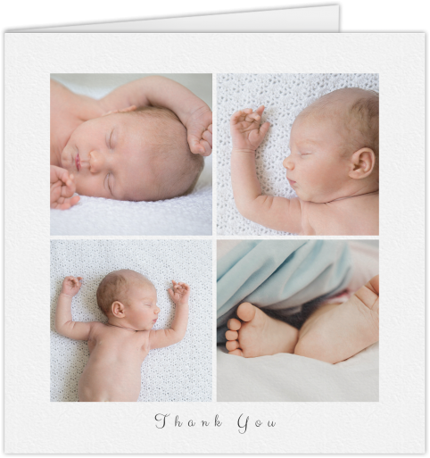 A baby thank you card called "4 Fine Frames". It is a thank you card design in a square format, sized at 148X148mm. The folded thank you card shown has tones of white, and has room for 4 photos.