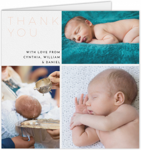 A baby thank you card called "Quarter Frames". It is a thank you card design in a square format, sized at 148X148mm. The folded thank you card shown has tones of white, and has room for 3 photos.