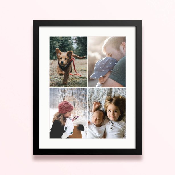 Framed and mounted photo print with four separate photos featuring various moments and subjects