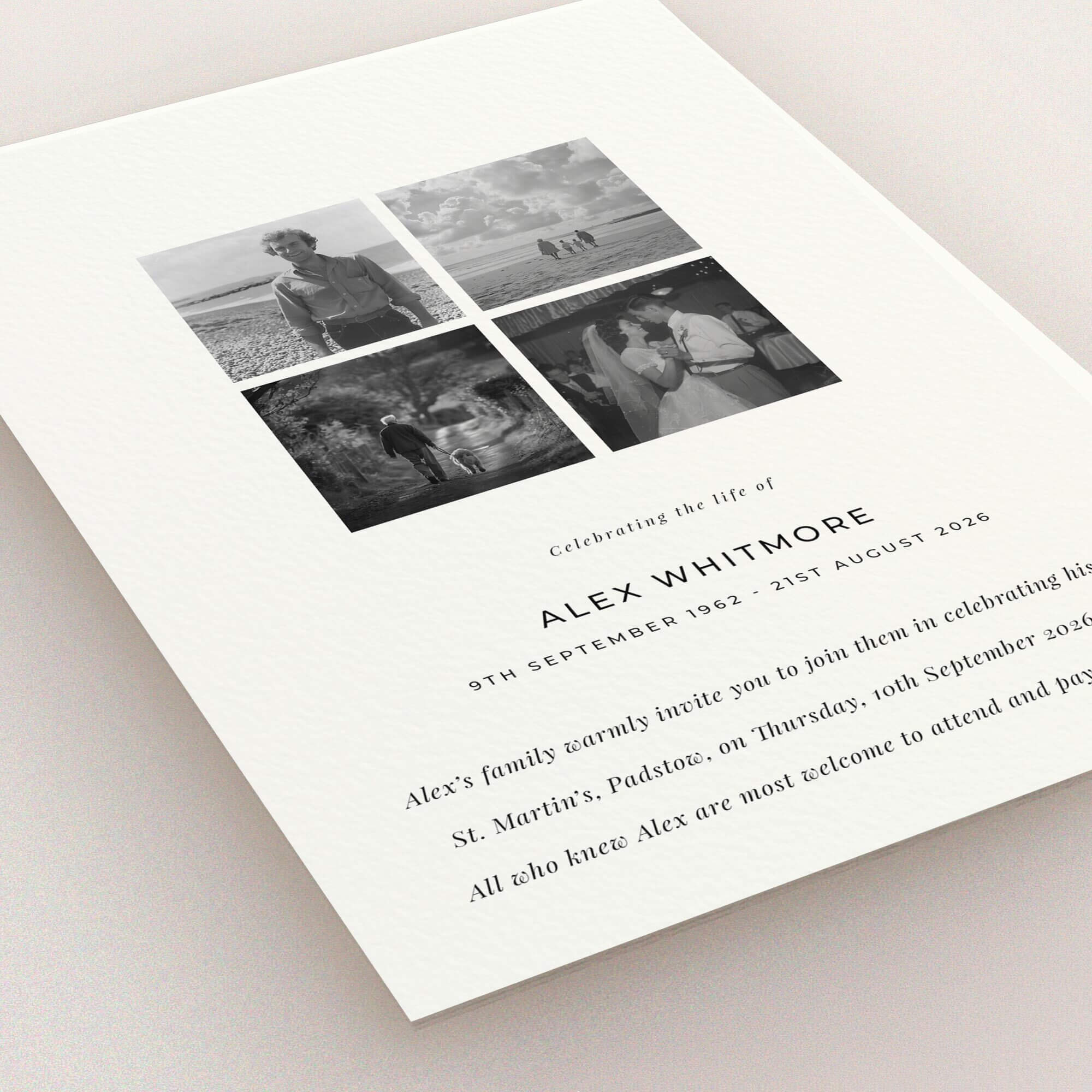 Funeral announcement design featuring four photos for personalised memorial invitations.
