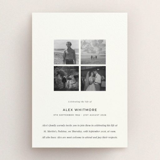 Elegant Funeral Announcement Funeral announcement design featuring four photos for personalised memorial invitations.