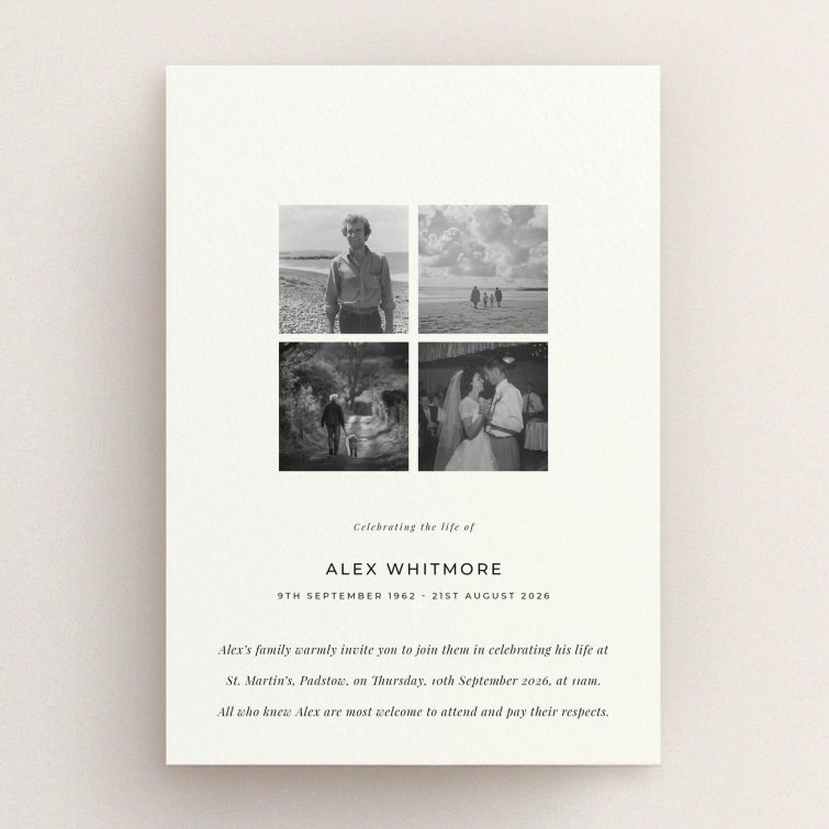 Funeral announcement design featuring four photos for personalised memorial invitations.