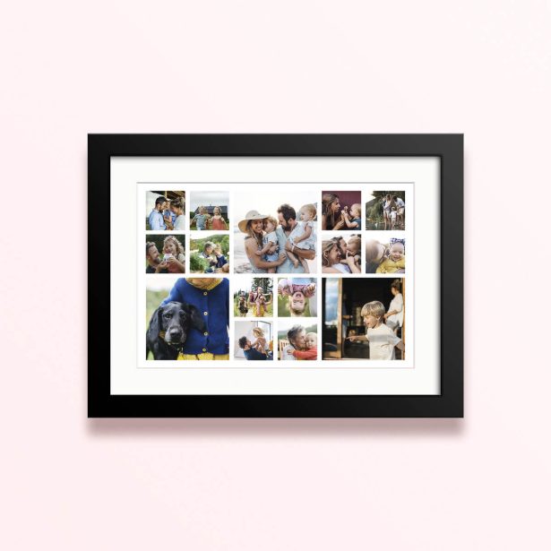 Framed and mounted photo print with thirteen family photographs.