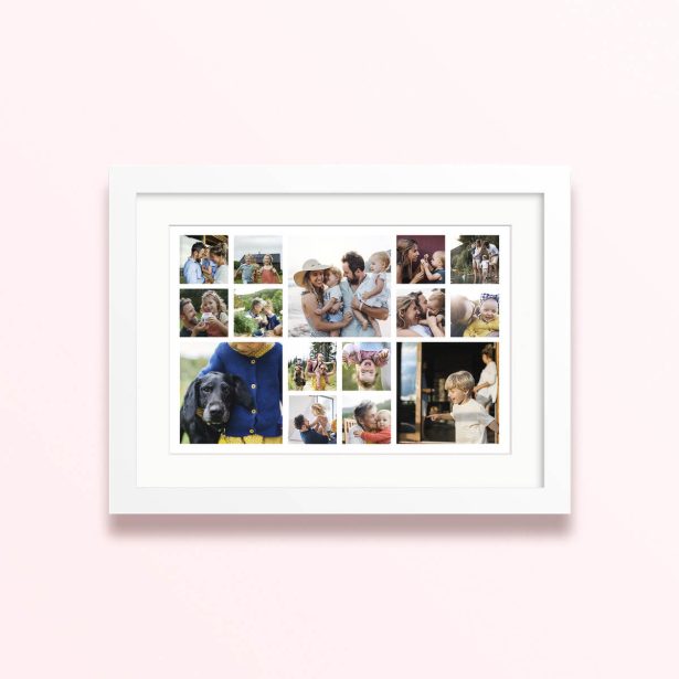 Framed and mounted photo print with thirteen family photographs.