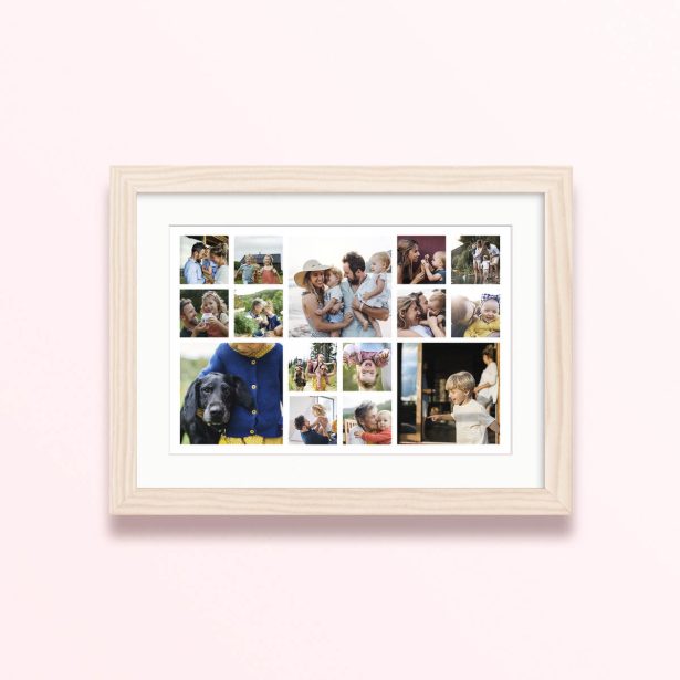 Framed and mounted photo print with thirteen family photographs.