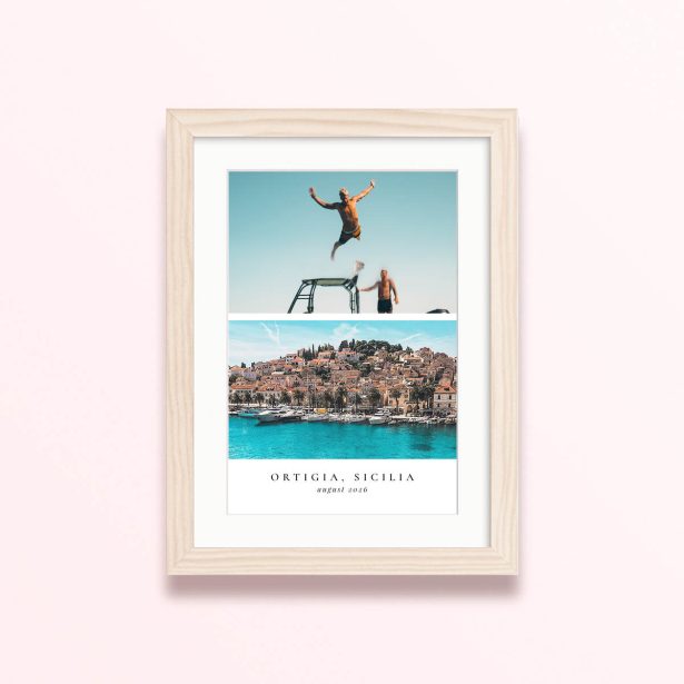 Two men enjoying a summer day on a boat with one diving into the sea, beautifully captured in a framed and mounted photo print displaying "Ortigia, Sicilia, August 2026".