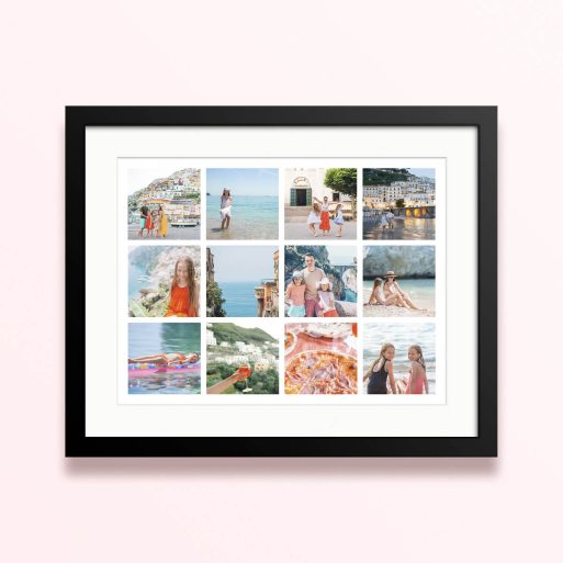 Framed and mounted photo print featuring a collage of 12 travel and family photographs