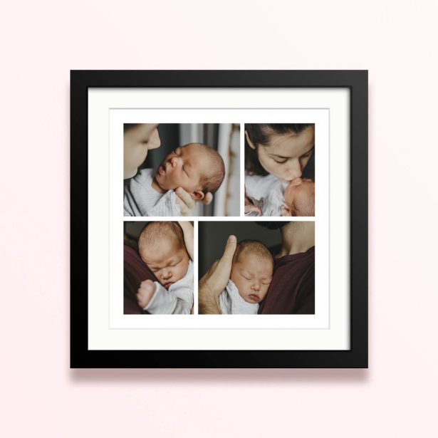 Framed and mounted photo print featuring four images of a baby