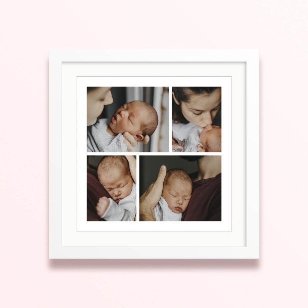 Framed and mounted photo print featuring four images of a baby