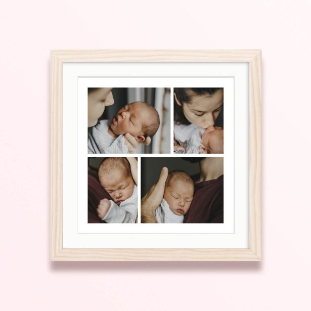 Framed and mounted photo print featuring four images of a baby