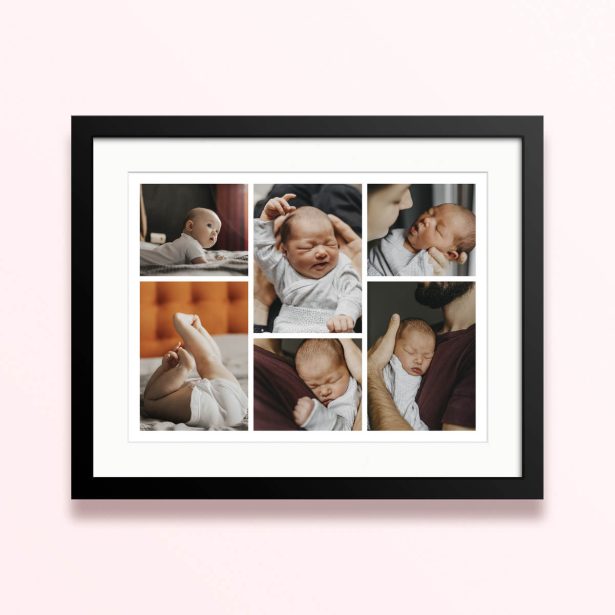 Framed and mounted photo print with six baby photos.