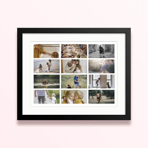 Framed and mounted photo print featuring twelve different photos in a collage design