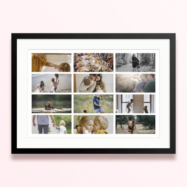 Framed and mounted photo print featuring twelve different photos in a collage design