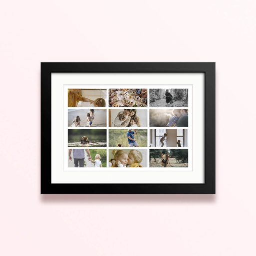 Framed and mounted photo print featuring twelve different photos in a collage design