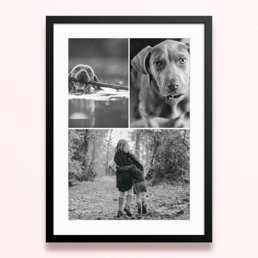 Framed and mounted photo print with three black and white images.