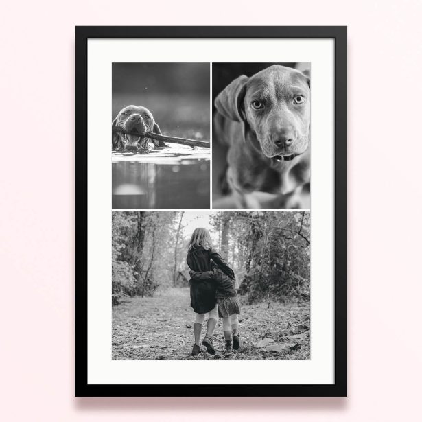Framed and mounted photo print with three black and white images.