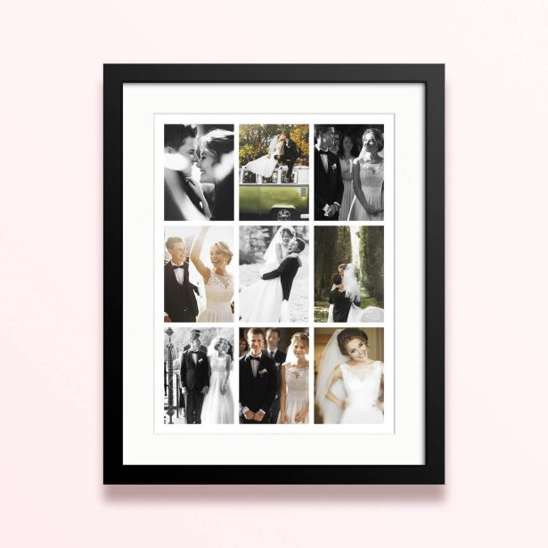 Framed and mounted photo print featuring six wedding images.