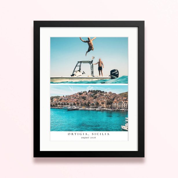 Two men enjoying a summer day on a boat with one diving into the sea, beautifully captured in a framed and mounted photo print displaying "Ortigia, Sicilia, August 2026".