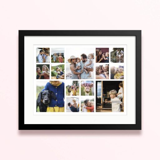 Framed and mounted photo print with thirteen family photographs.