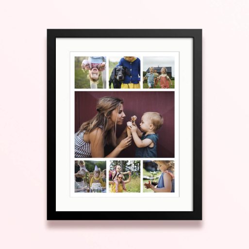 Framed and mounted photo print featuring eight family and children photos.