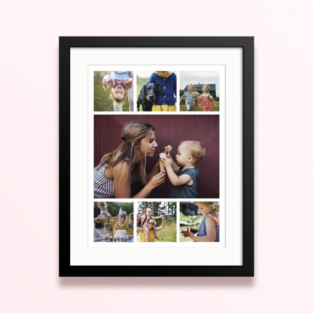 Framed and mounted photo print featuring eight family and children photos.