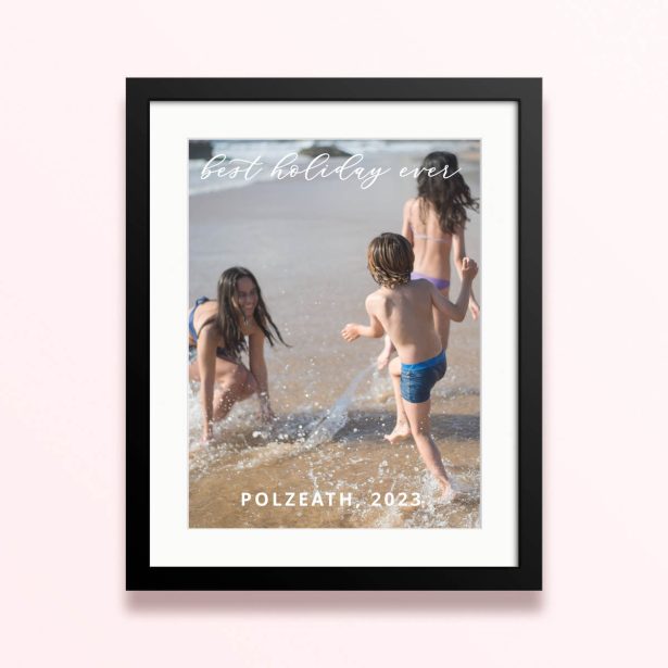 Framed and mounted photo print with three photos, featuring a beach scene with children and adults playing in the water.