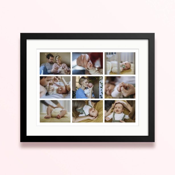 Framed and mounted photo print featuring nine baby photos.