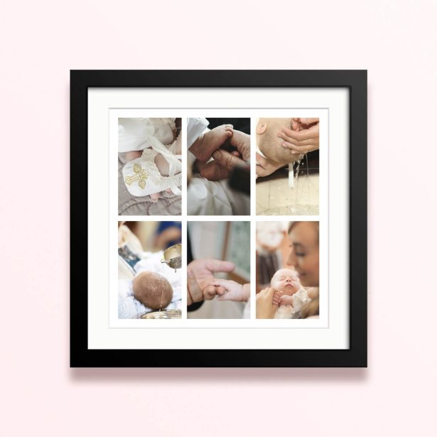 Framed and mounted photo print with six baby photo slots for a unique collage design.