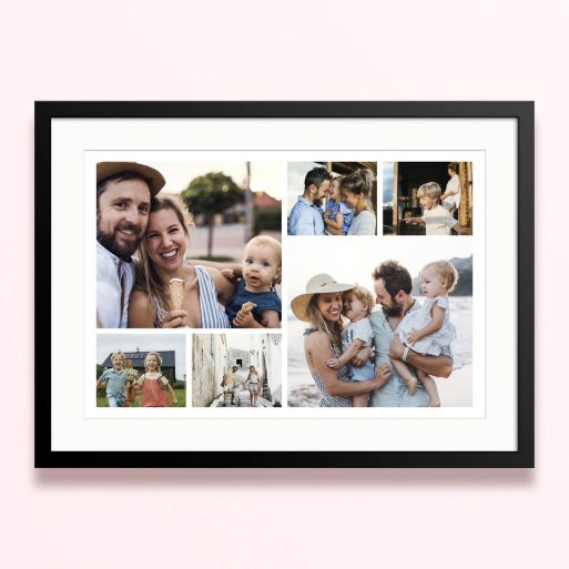 Framed and mounted photo print featuring seven family photos.