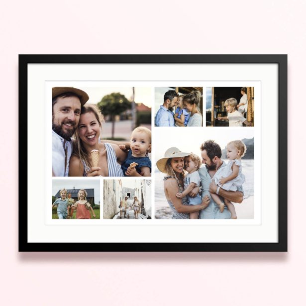 Framed and mounted photo print featuring seven family photos.