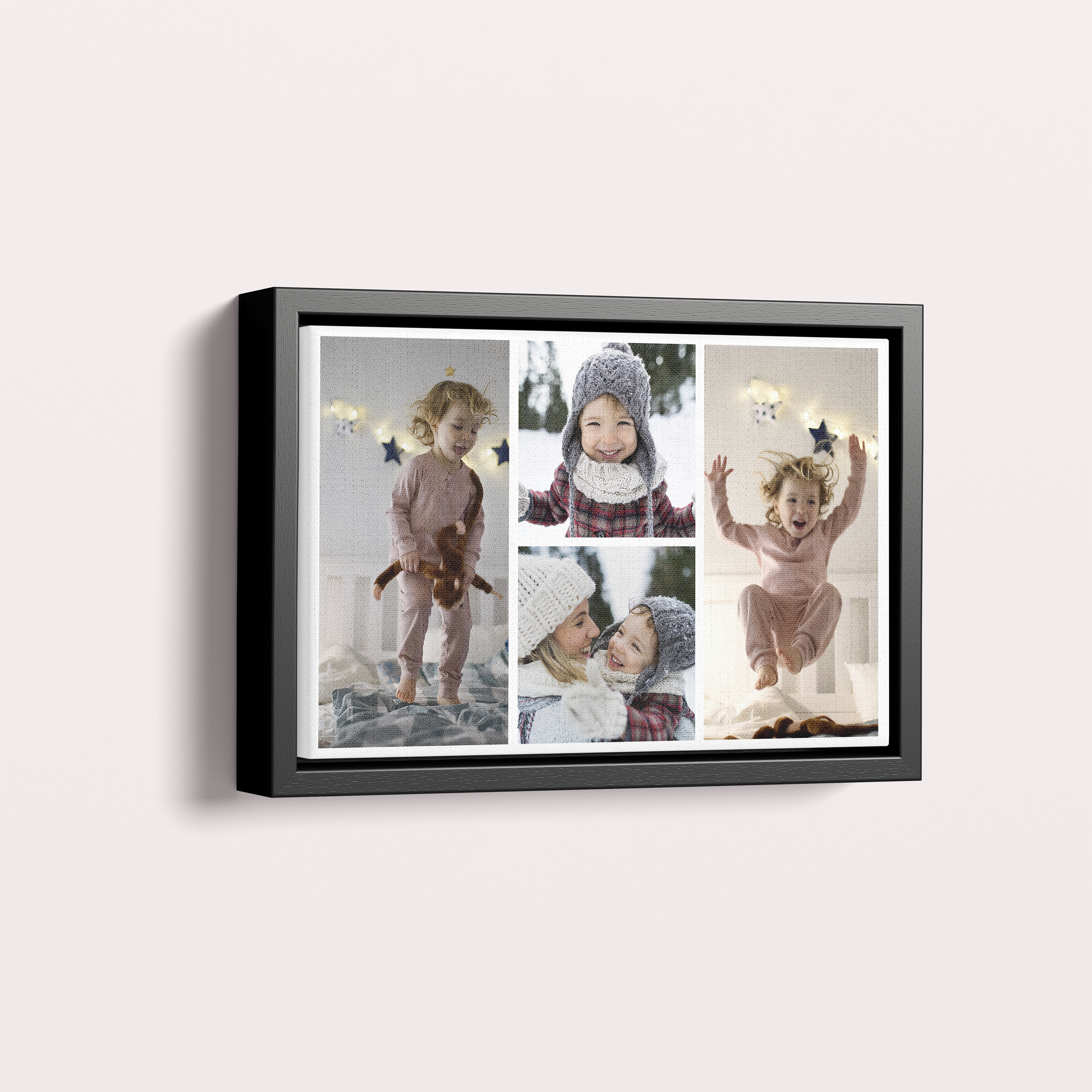 Photo of a framed photo canvase called 'Quartet Collage'. It is 30cm x 20cm in size, in a Landscape orientation. It has space for 4 photos.