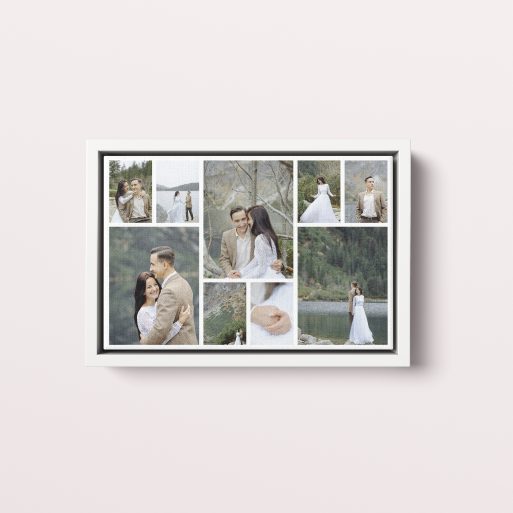 Photo of a framed photo canvase called 'Spread Montage'. It is 30cm x 20cm in size, in a Landscape orientation. It has space for 9 photos.