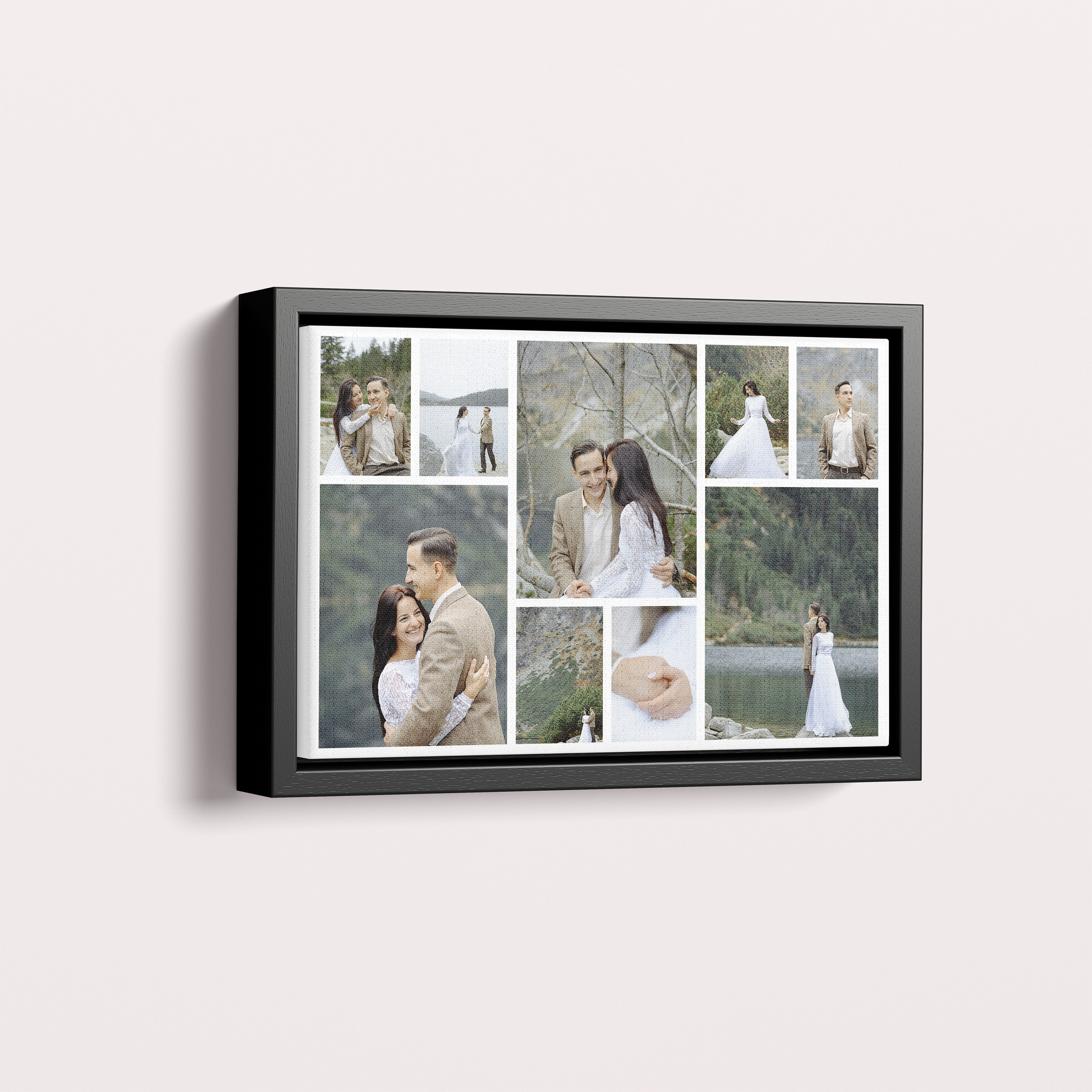 Photo of a framed photo canvase called 'Spread Montage'. It is 30cm x 20cm in size, in a Landscape orientation. It has space for 9 photos.