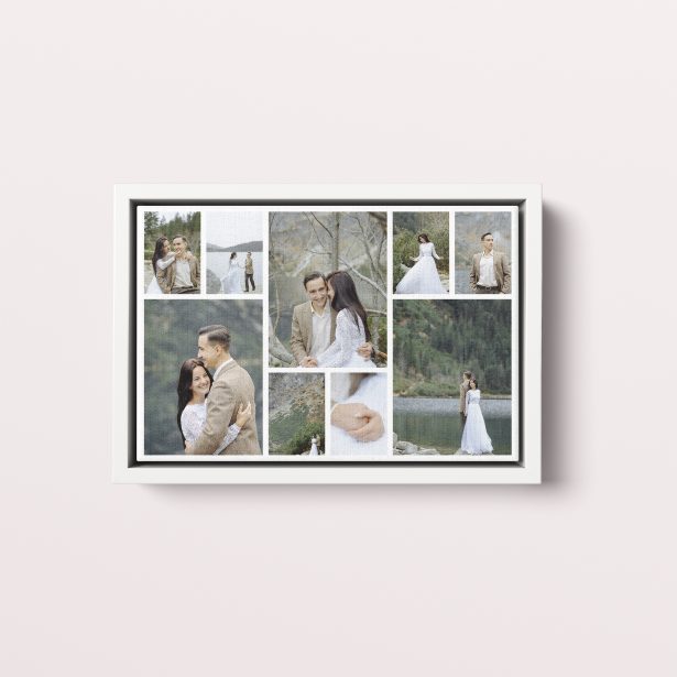 Photo of a framed photo canvase called 'Spread Montage'. It is 30cm x 20cm in size, in a Landscape orientation. It has space for 9 photos.